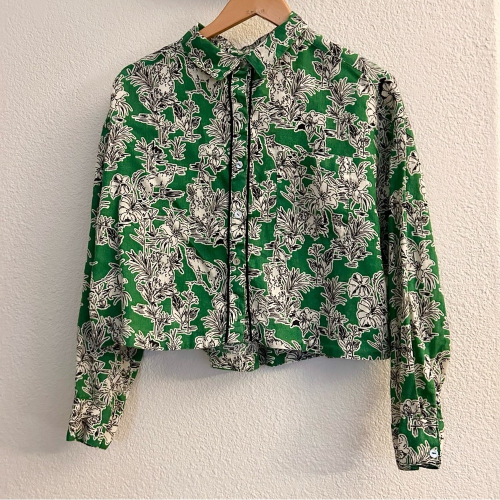 C&C California Shirt Women Large Green White Linen Crop Tropical Floral size L